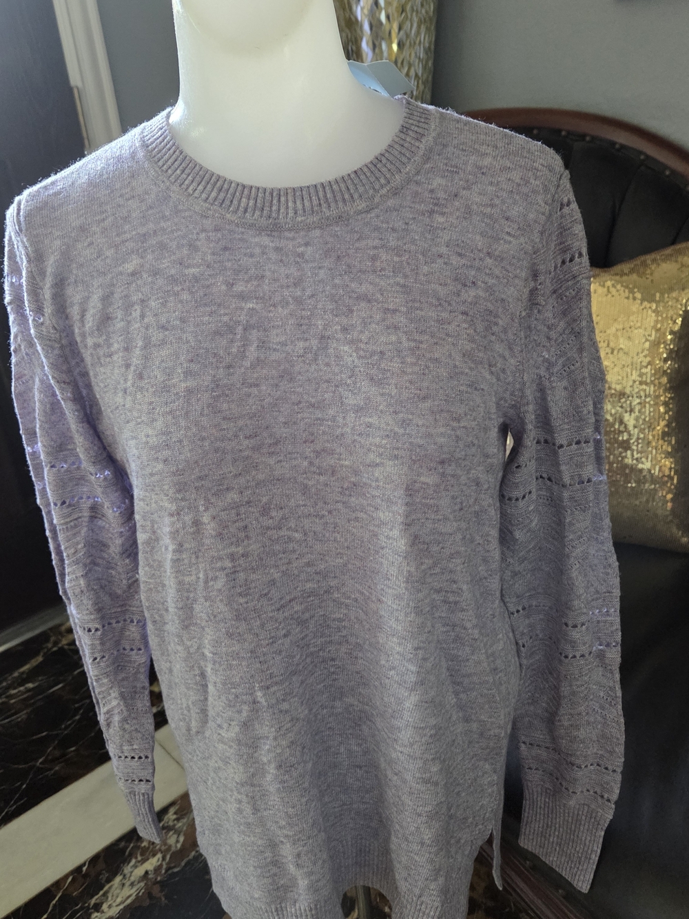 Women LOFT Lavender Crewneck Openwork Sleeve Sweater
